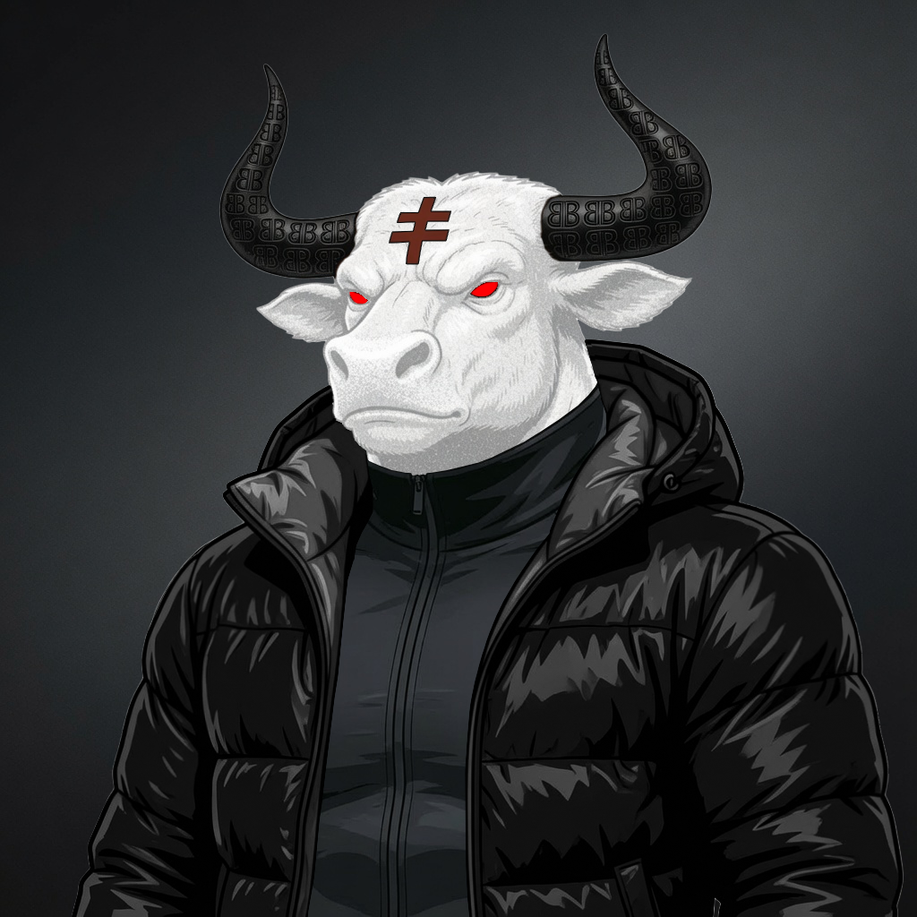 White Ghost bull with engraved black horns and a black puffer against a silver gradient.