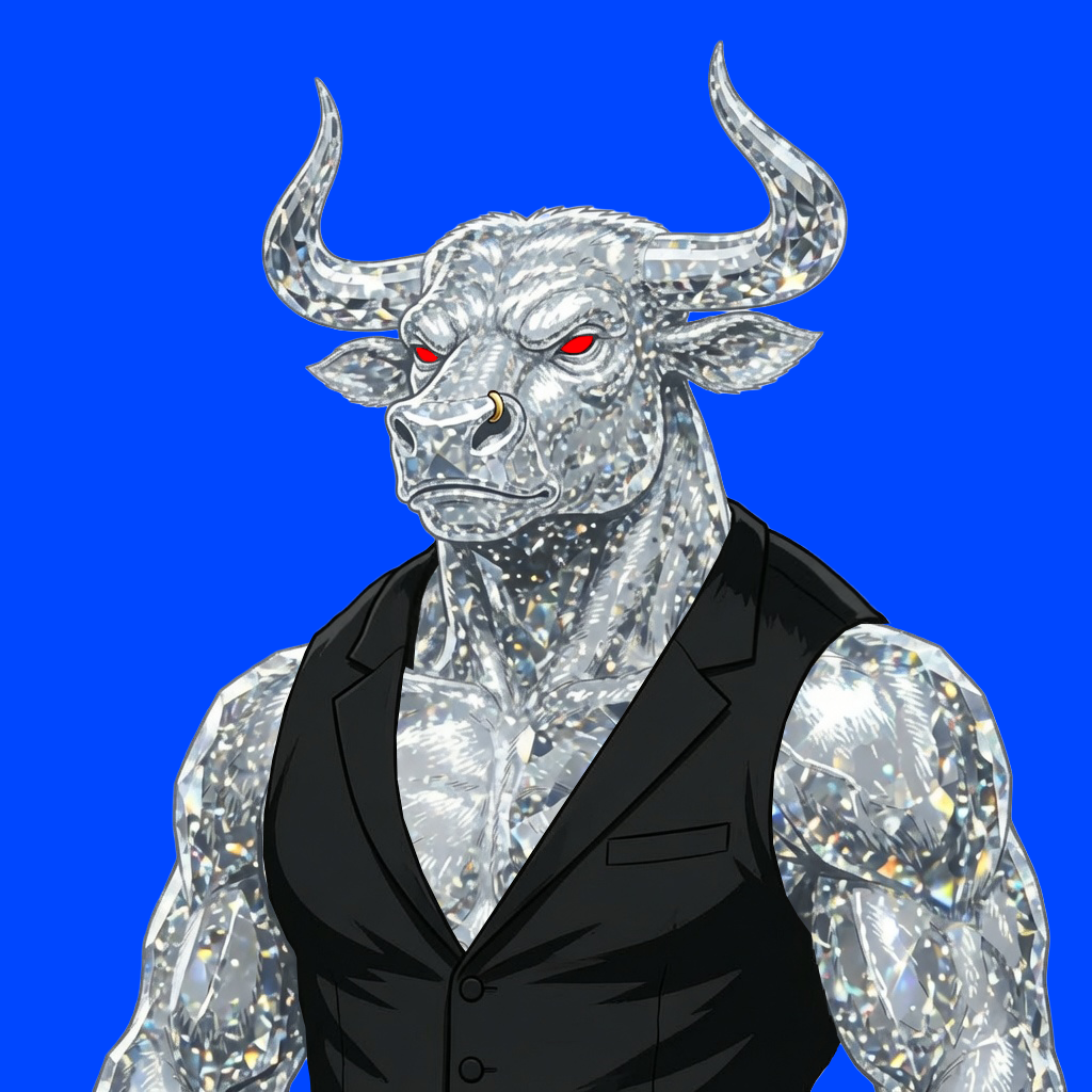 Diamond bull with red eyes and a black vest against cobalt blue.