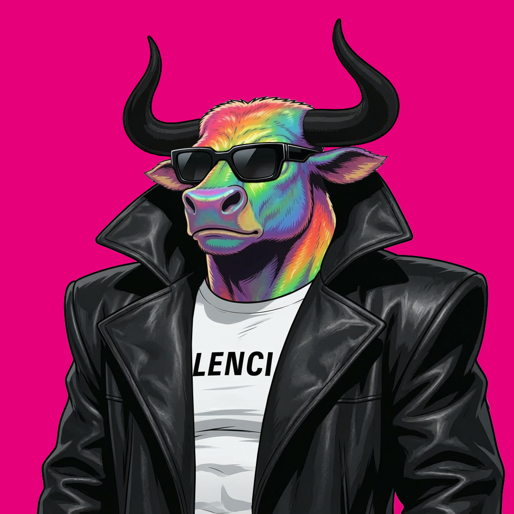 Rainbow bull in black sunglasses and a leather coat against hot pink.