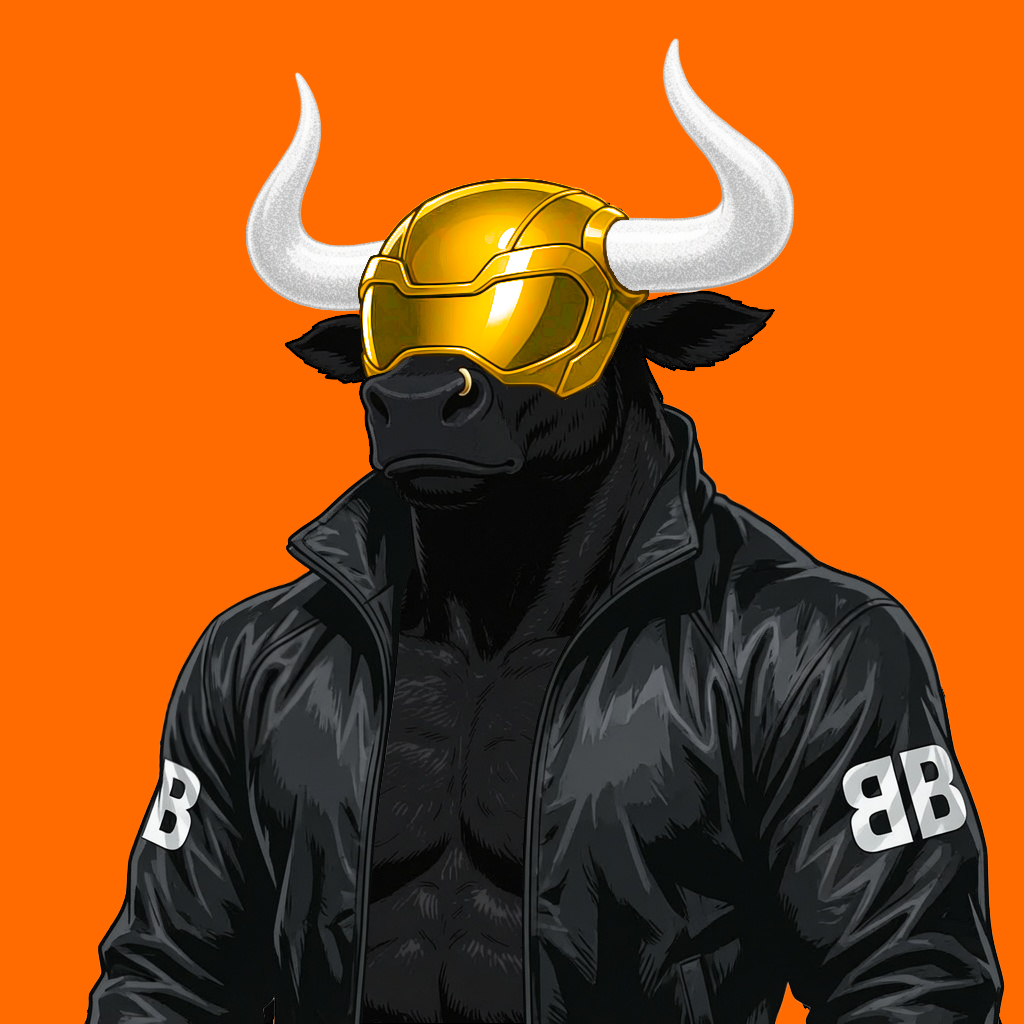 Black bull with white horns, a golden helmet and a black BB jacket against tangerine.