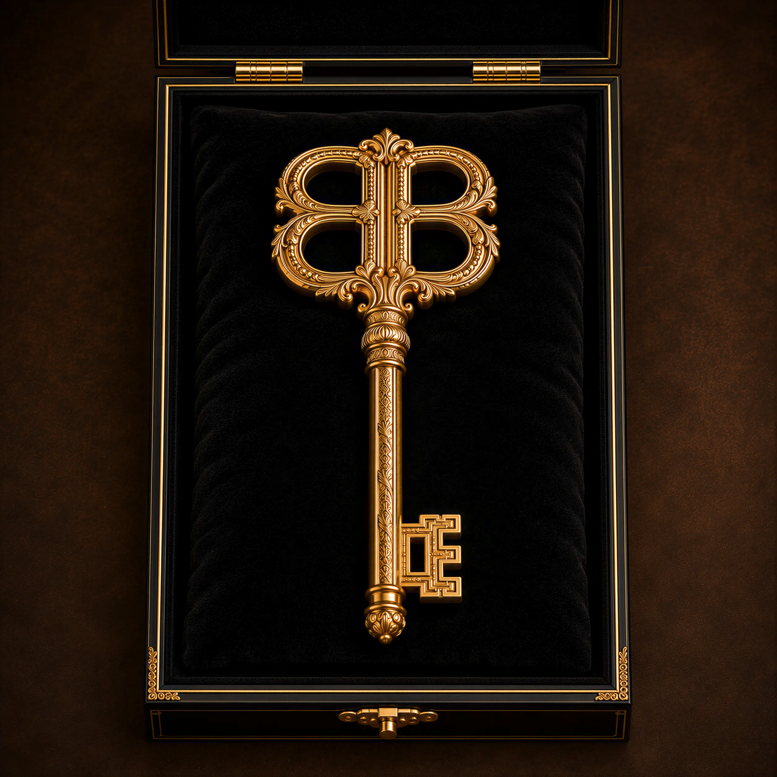 An ornate gold House Key centered inside a square black presentation case on a black velvet pillow