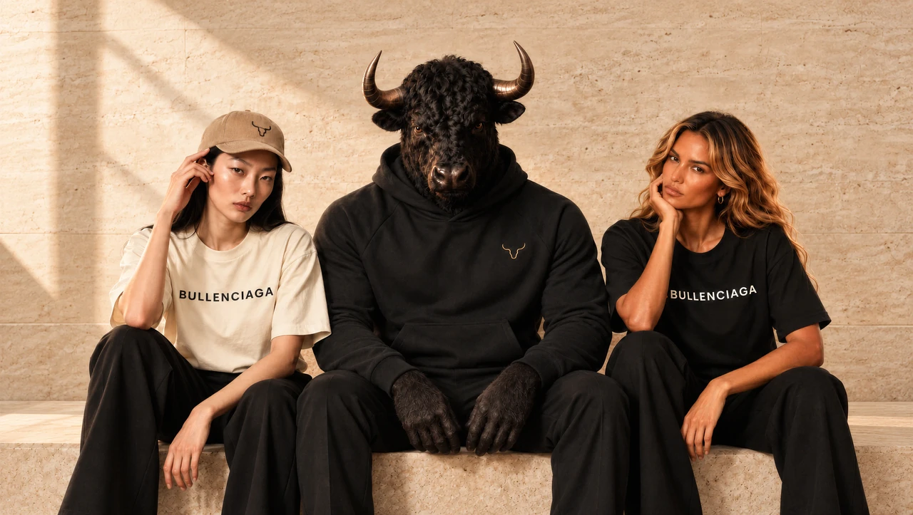 Two women and an anthropomorphic black bull sit against warm stone, wearing cream and black BULLENCIAGA T-shirts, a black hoodie and a tan cap.
