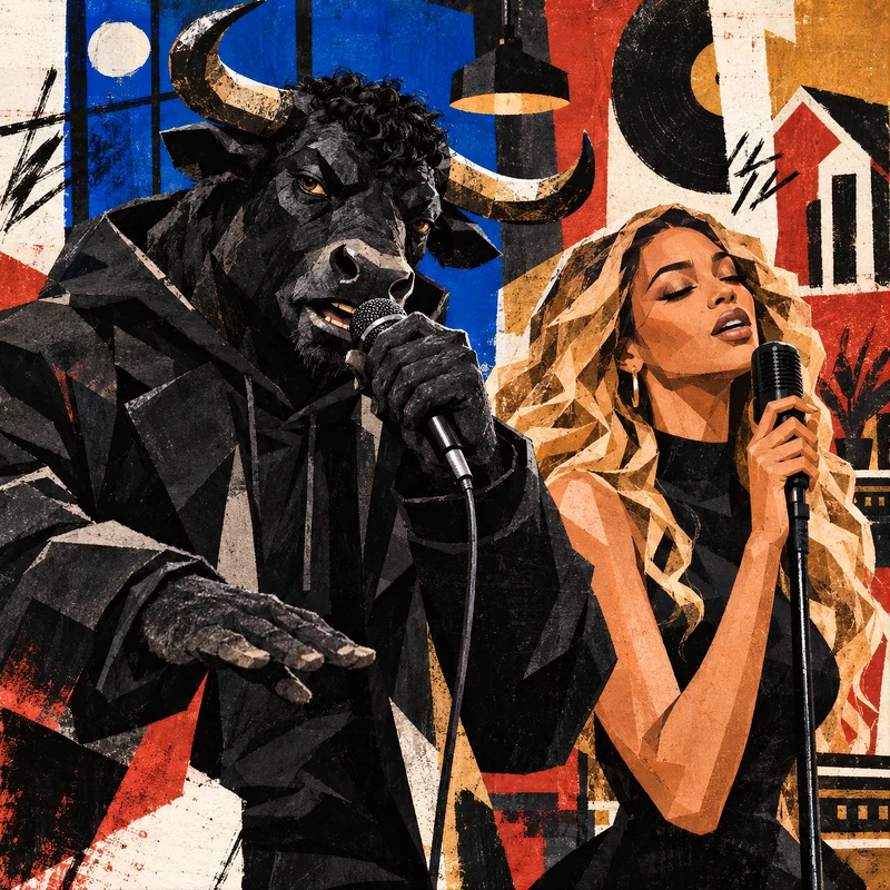 Make It Look Easy cover: the Bull and Lily singing into microphones in an angular paper collage of cobalt blue, cream, rust red and black.