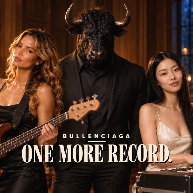 One More Record cover: Lily with a bass guitar, the Bull in a black suit, and Sakura at a keyboard in a warmly lit room.