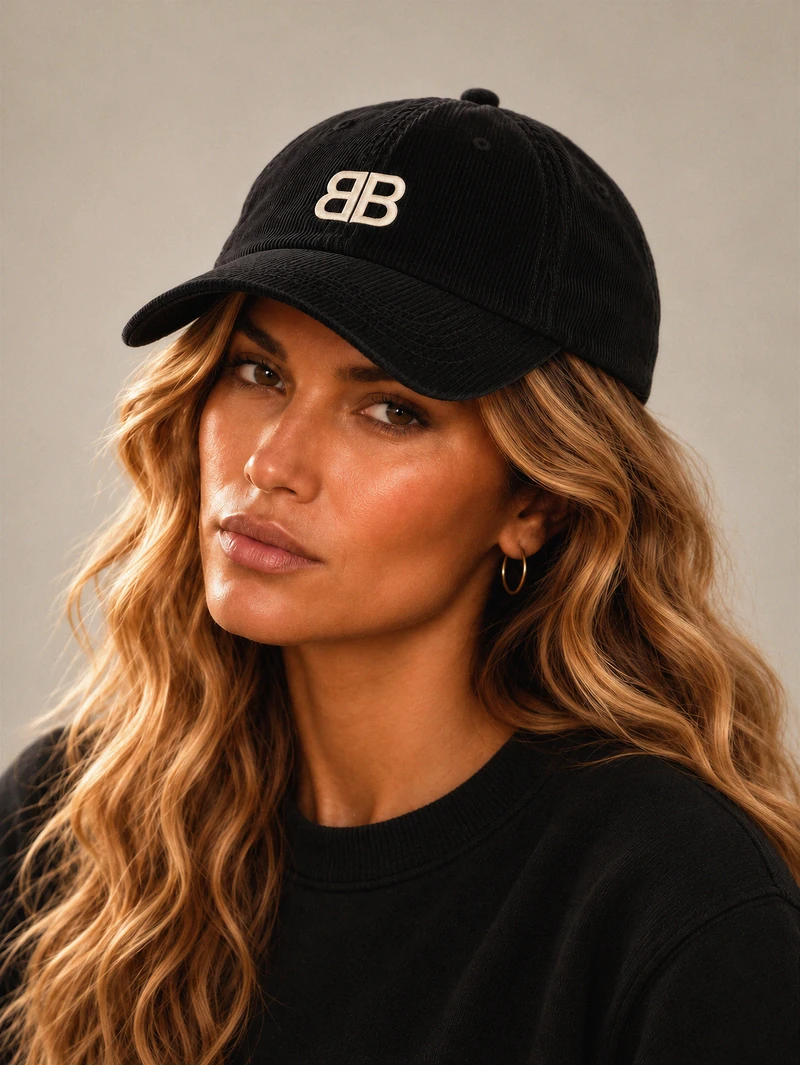 Black cotton corduroy cap with an embroidered bone BB mark, worn by Lily.
