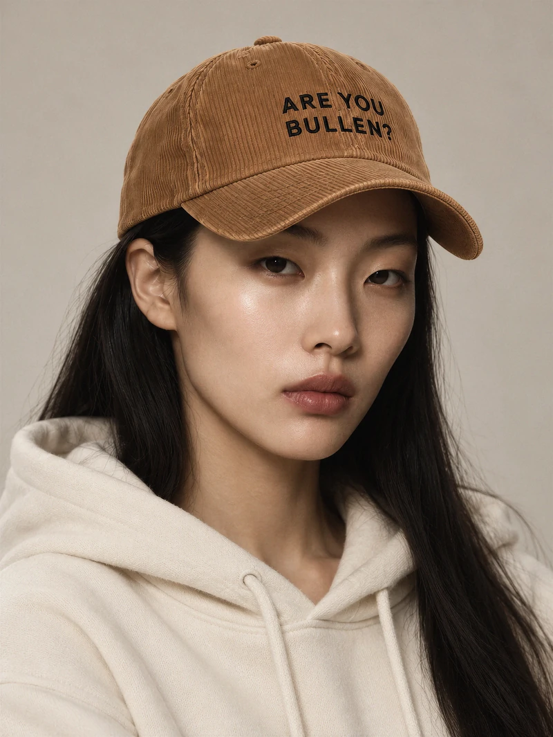 Camel corduroy cap with black ARE YOU BULLEN? embroidery, worn by Sakura.