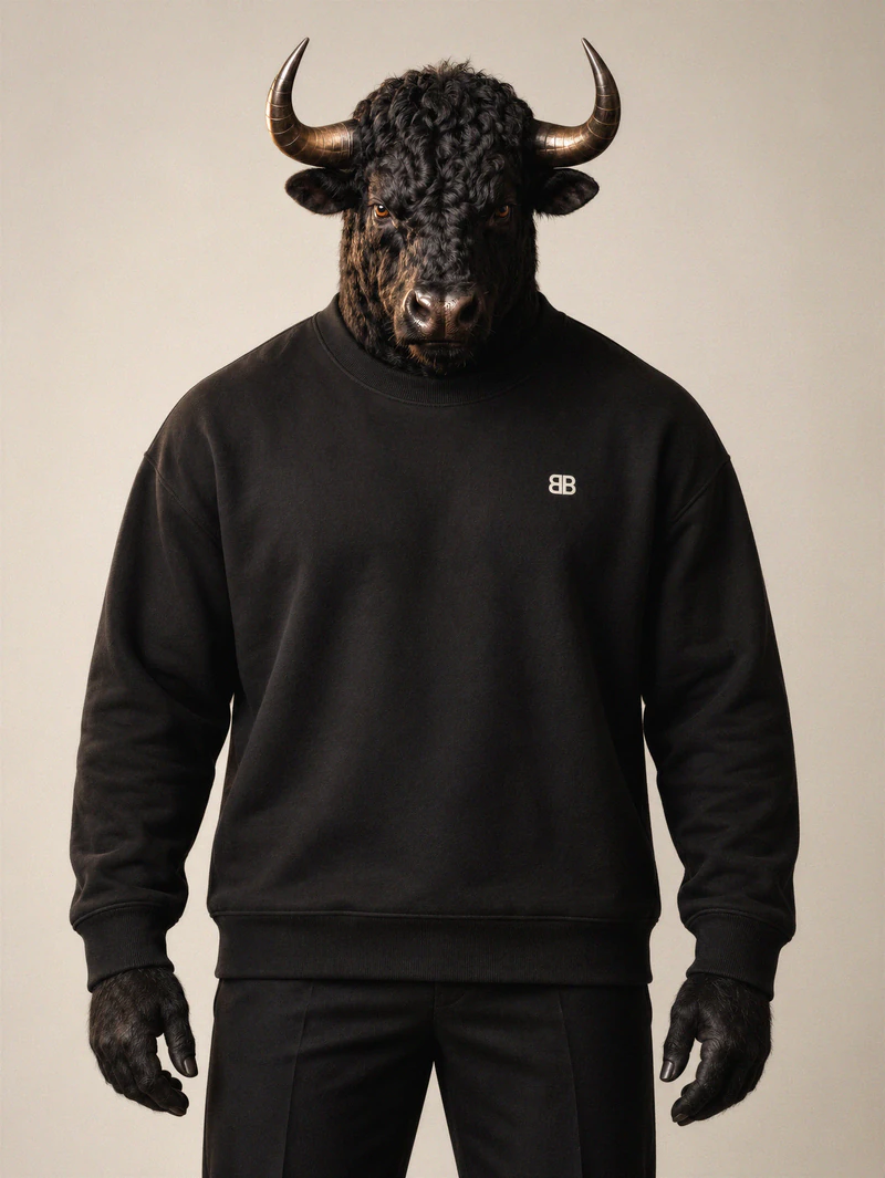 Bull wears a black crewneck with a discreet bone BB at the left chest.