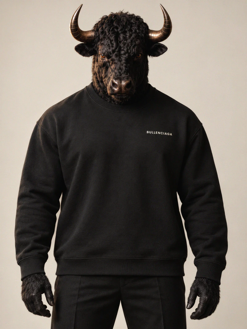 Bull wears a black crewneck with a small BULLENCIAGA wordmark at the left chest.