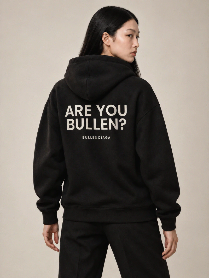 Sakura shows the back of a black hoodie with ARE YOU BULLEN? and BULLENCIAGA in bone lettering.