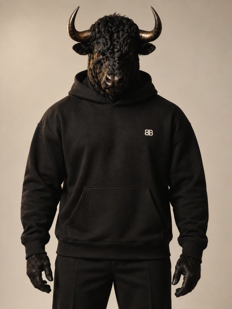 Bull wears a black hoodie with only a small bone BB at the left chest.