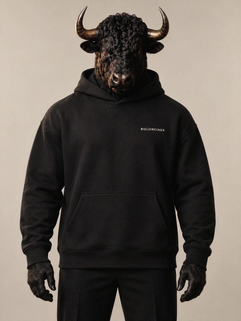 Bull wears a black hoodie with a small bone BULLENCIAGA wordmark at the left chest.