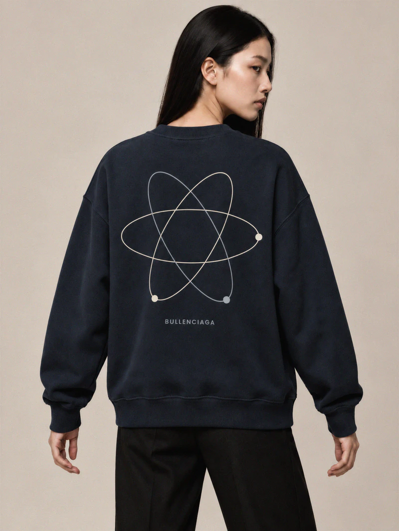 Sakura shows the back of an Ink Blue crewneck with three orbital paths, three nodes and a small BULLENCIAGA signature.