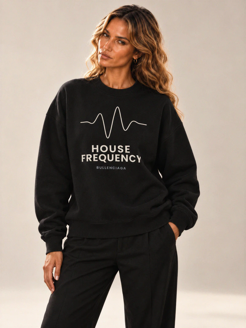 Lily wears a black crewneck with a smooth waveform and HOUSE FREQUENCY lettering on the front.