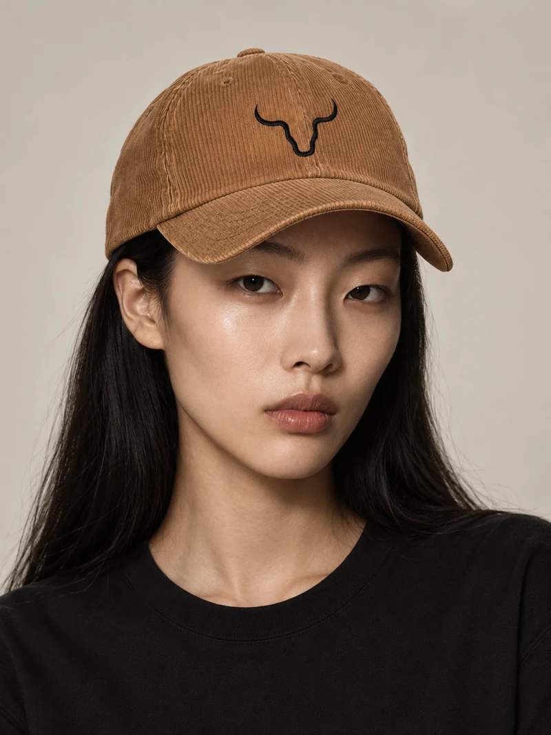 Sakura wears the Camel House Emblem Cord Cap with Black bull-outline embroidery.