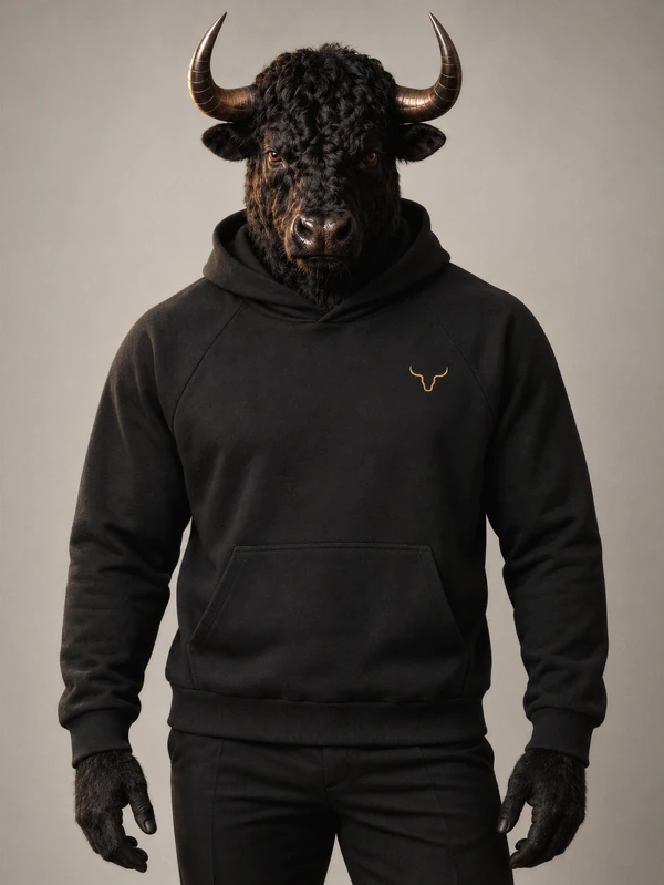 Bull wears a black raglan hoodie with a kangaroo pocket and a small gold embroidered bull outline on the left chest.