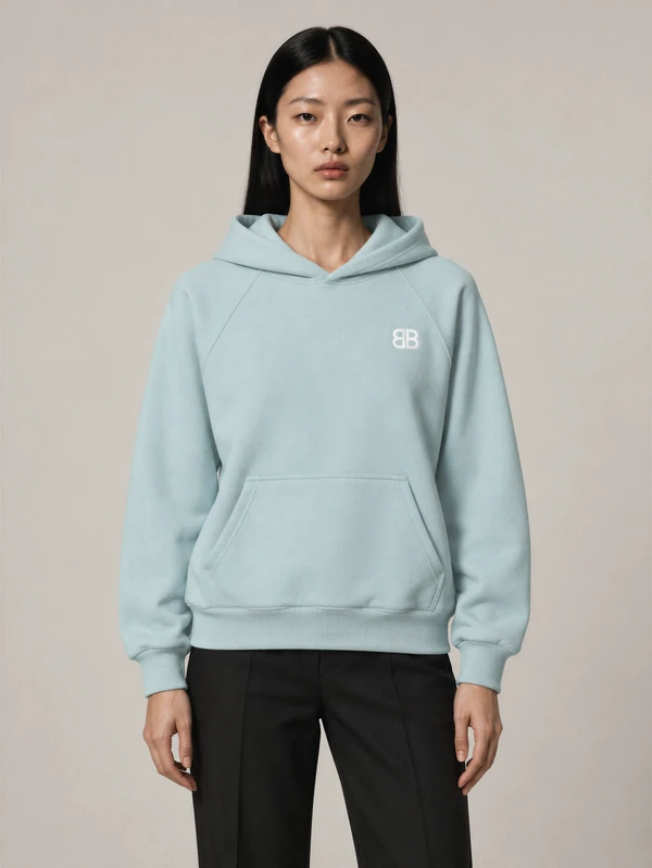 Sakura wears the Arona Embroidered House Hoodie with a kangaroo pocket, raglan sleeves and a small white BB on the left chest.