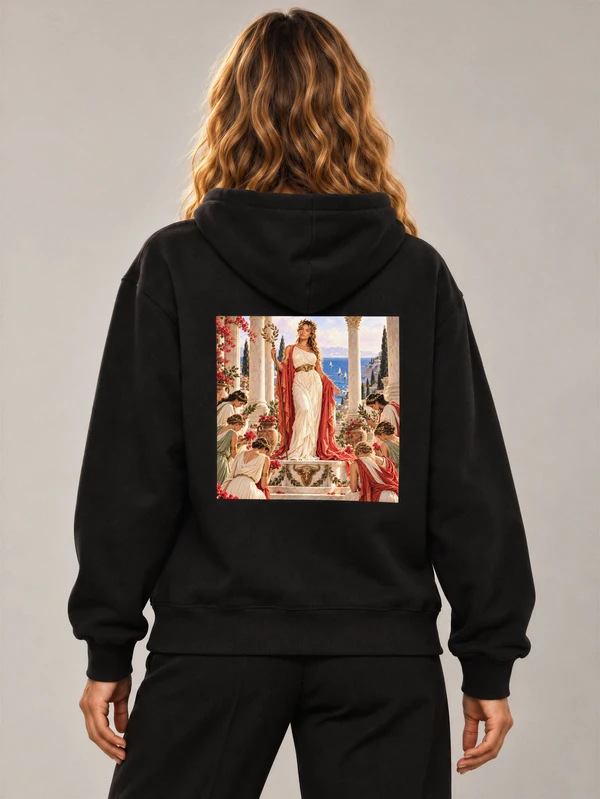 Lily models the black Lily Aurelia Hoodie from behind, showing the full square artwork.