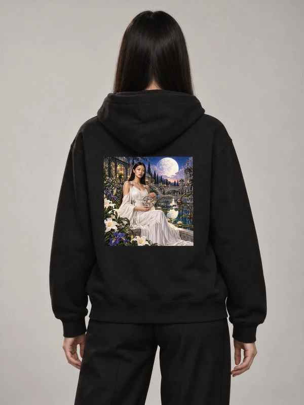 Sakura models the black Sakura Selene Hoodie from behind, showing the full square artwork.