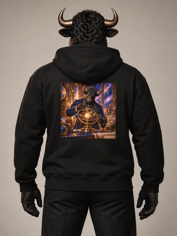 Bull models the black The Celestial Atelier Hoodie from behind, showing the full square artwork.