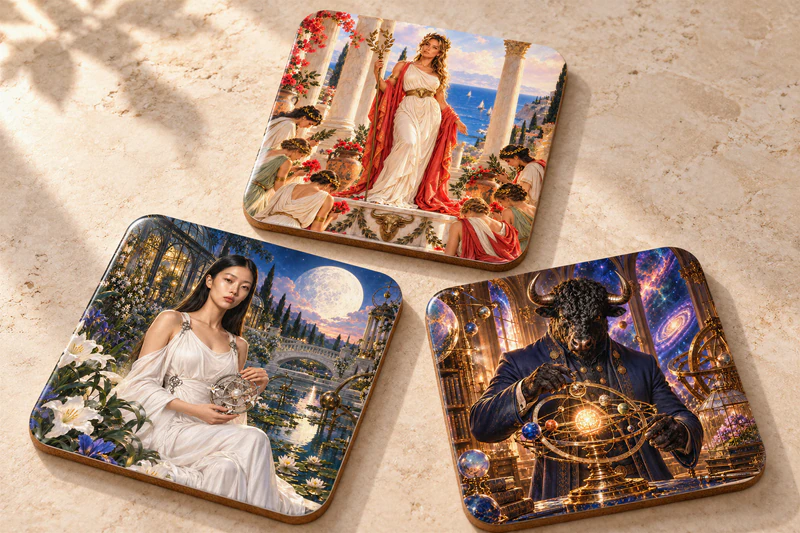 Three individual glossy House Table coasters show Lily Aurelia, Sakura Selene and Bull in the Celestial Atelier on a stone table.