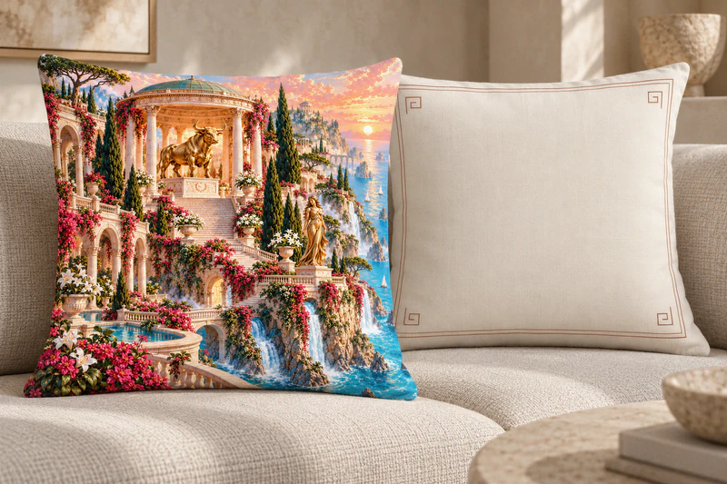 The Villa Perpetua cushion shown from both sides: a colourful Mediterranean temple and golden bull on the front, with a quiet ivory architectural border on the reverse.