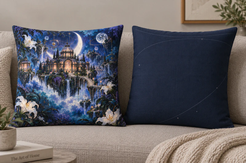 The Nocturne Atlas cushion shown from both sides: a midnight garden of floating glasshouses, moons and lilies on the front, with fine orbital lines across the navy reverse.
