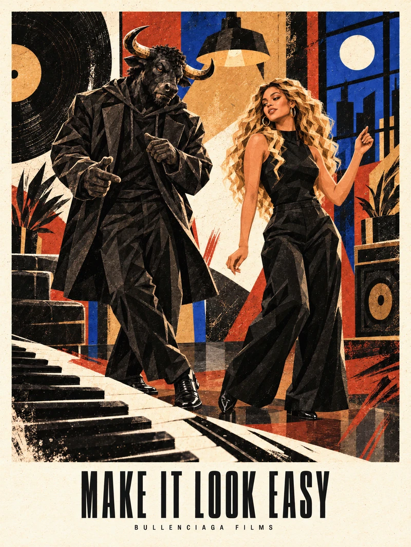 Cubist MAKE IT LOOK EASY poster with the Bull, Lily, piano keys and vinyl records in a black frame.
