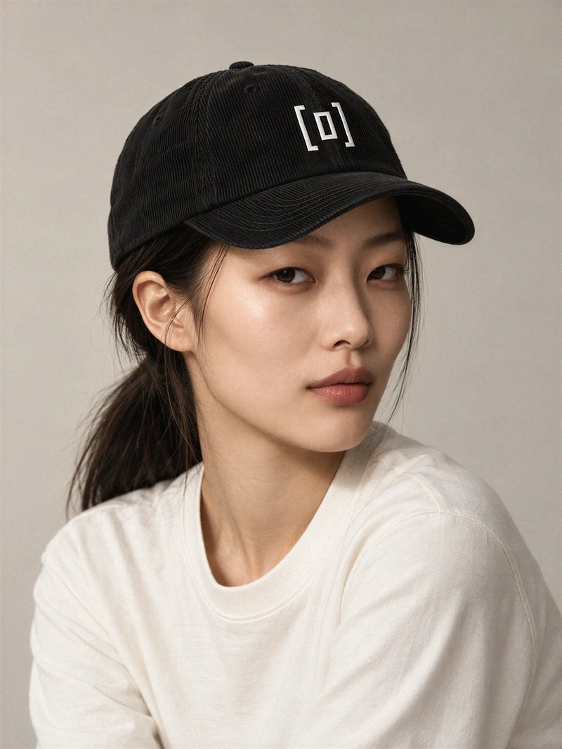 Sakura wears the black corduroy cap with white on display. frame embroidery.