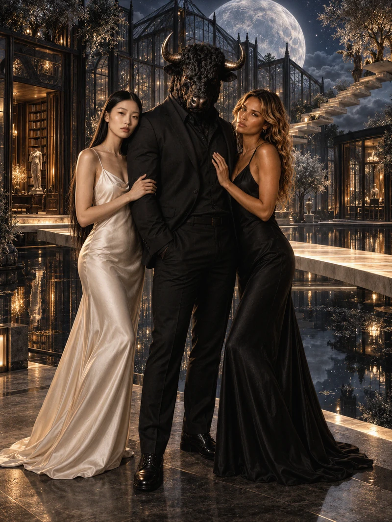 Bull in a black suit between Sakura in ivory and Lily in black, before moonlit glass conservatories, floating stairs and a reflecting pool.