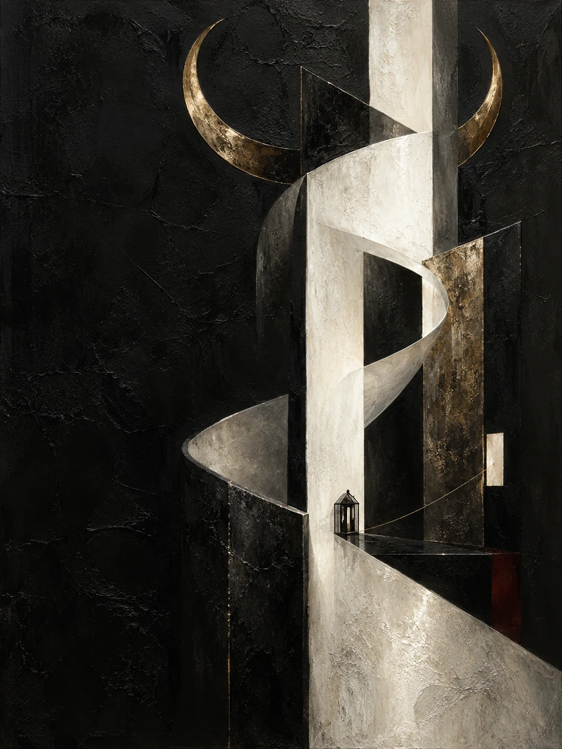 Abstract black artwork with ivory architectural forms, thin gold horn arcs and a small glasshouse.