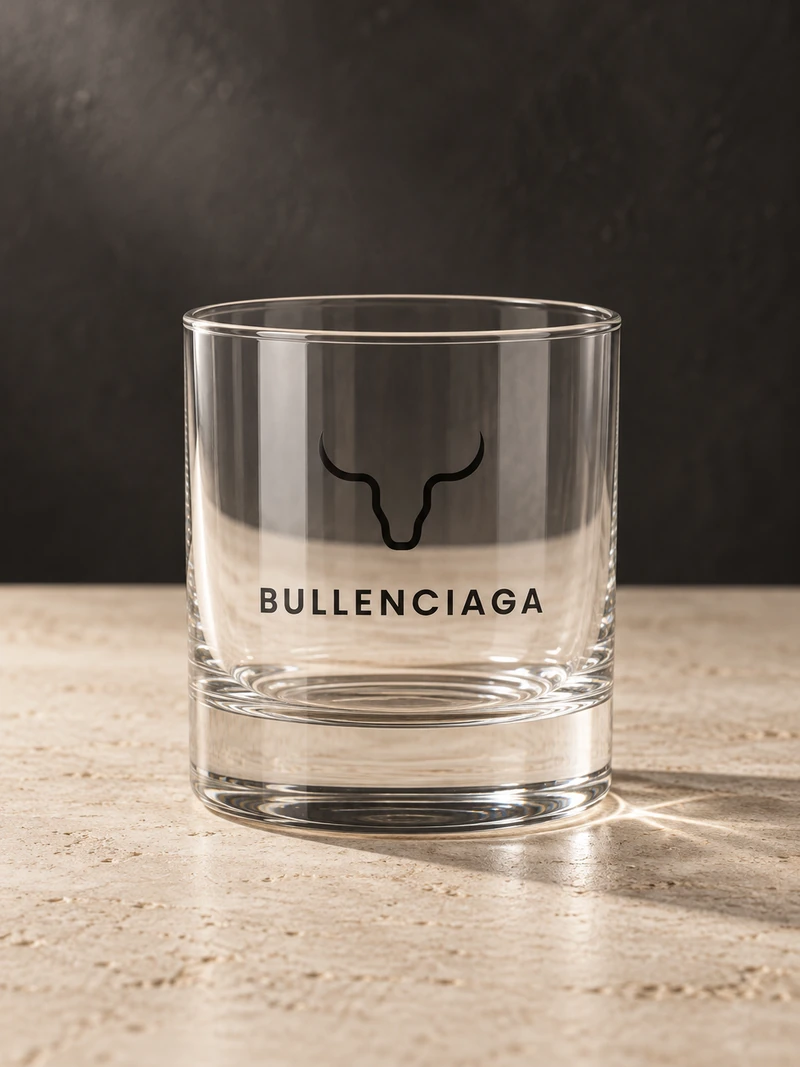 Studio mockup of the clear House Ritual Rocks Glass with a charcoal printed House bull emblem and BULLENCIAGA wordmark.