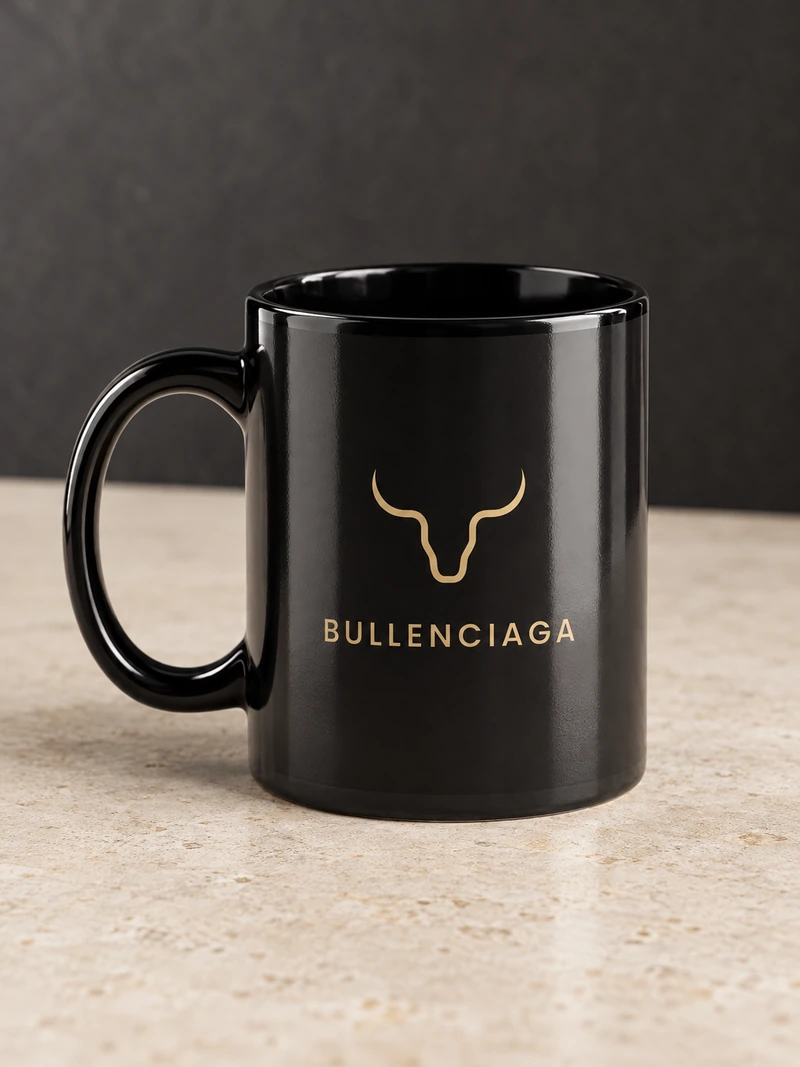 Studio mockup of the glossy black House Ritual Mug with a warm gold-tone printed House bull emblem and BULLENCIAGA wordmark.