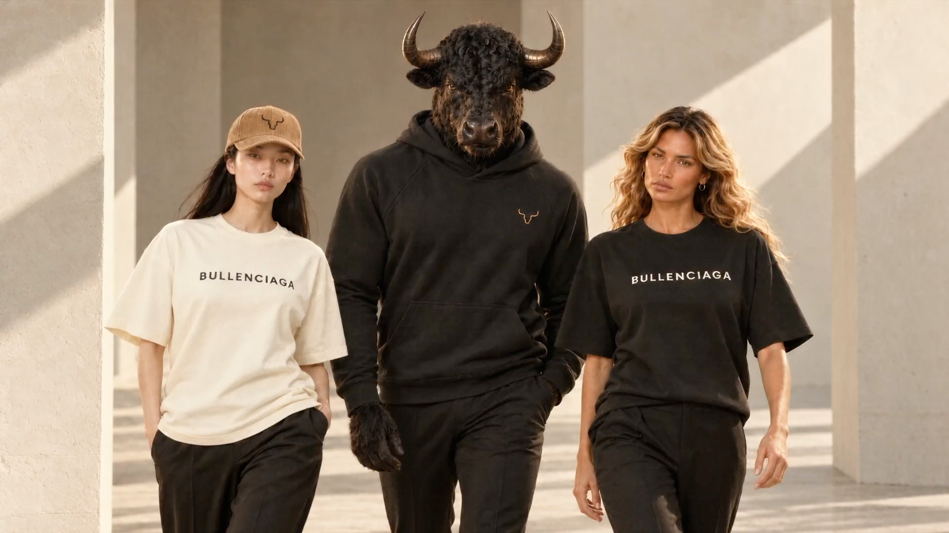 Bull, Lily and Sakura model the BULLENCIAGA collection in a cinematic fashion shoot.